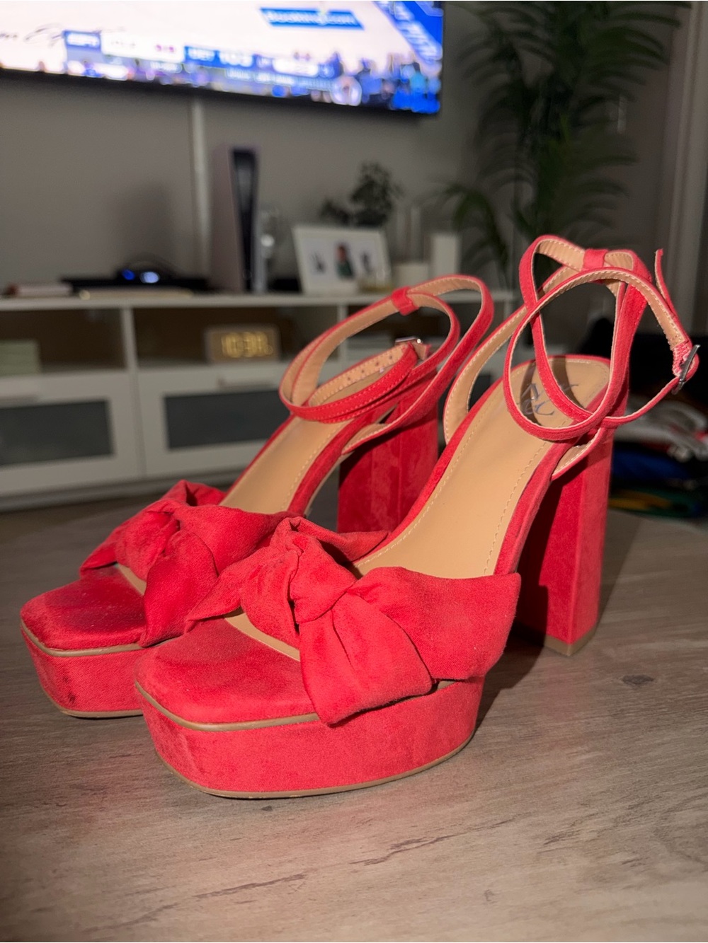 New York & Company Red Suede Platform Block Heels with Ankle Strap and Bow